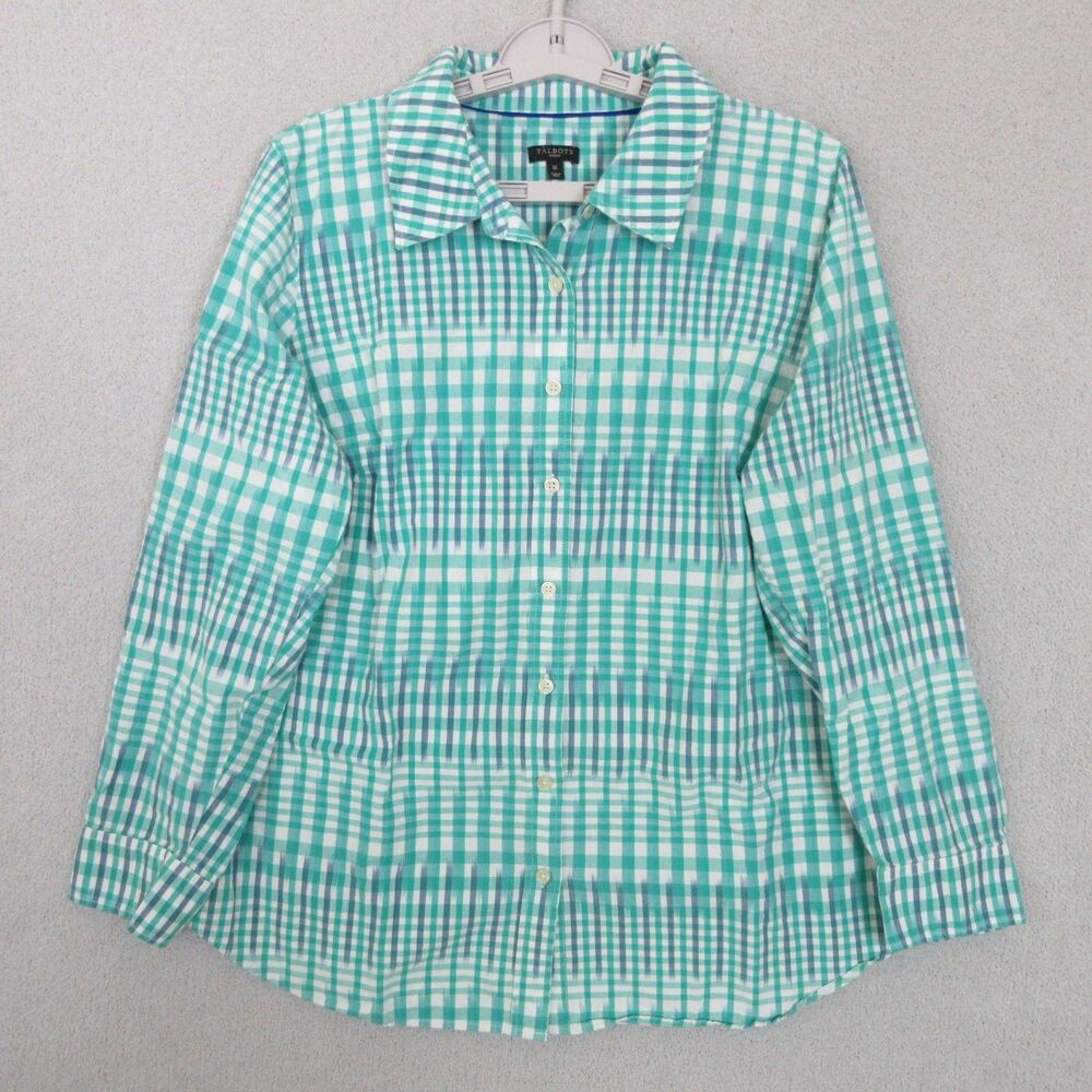 Talbots Shirt Womens 1X Green Gingham Button Up 100% Cotton Long Sleeve Casual